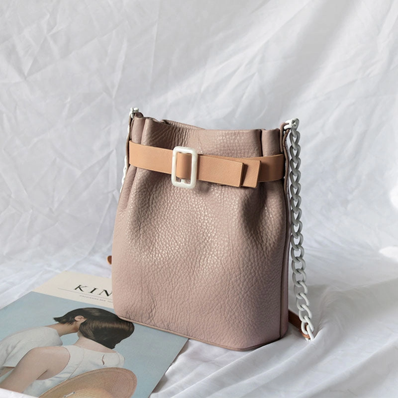 Comfort Carry Stylish Leather Pink Chain Womens Bucket Purse Crossbody Bag Barrel Shoulder Bag for Women