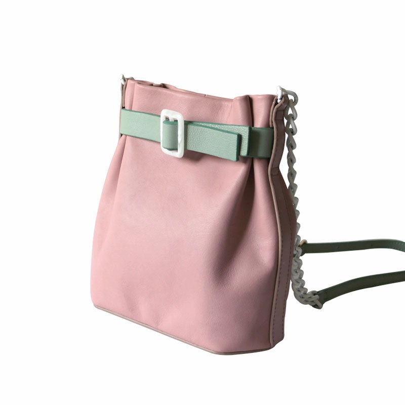Office Style Stylish Leather Pink Chain Womens Bucket Purse Crossbody Bag Barrel Shoulder Bag for Women
