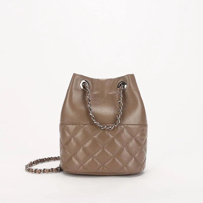 Elegant Calfskin Quilted Chain Bucket Bag Purse | Fashion Quilted Shoulder & Crossbody Purse Relaxed Shoulder Fit Neutral Color Palette