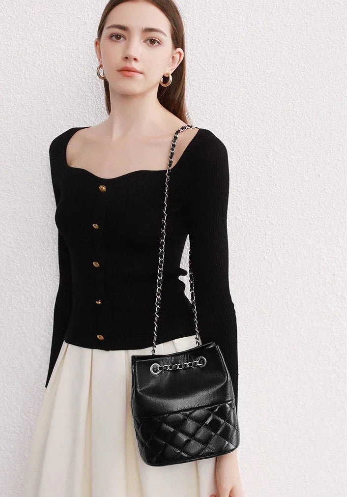 Soft Durable Design Compact Storage Elegant Calfskin Quilted Chain Bucket Bag Purse | Fashion Quilted Shoulder & Crossbody Purse
