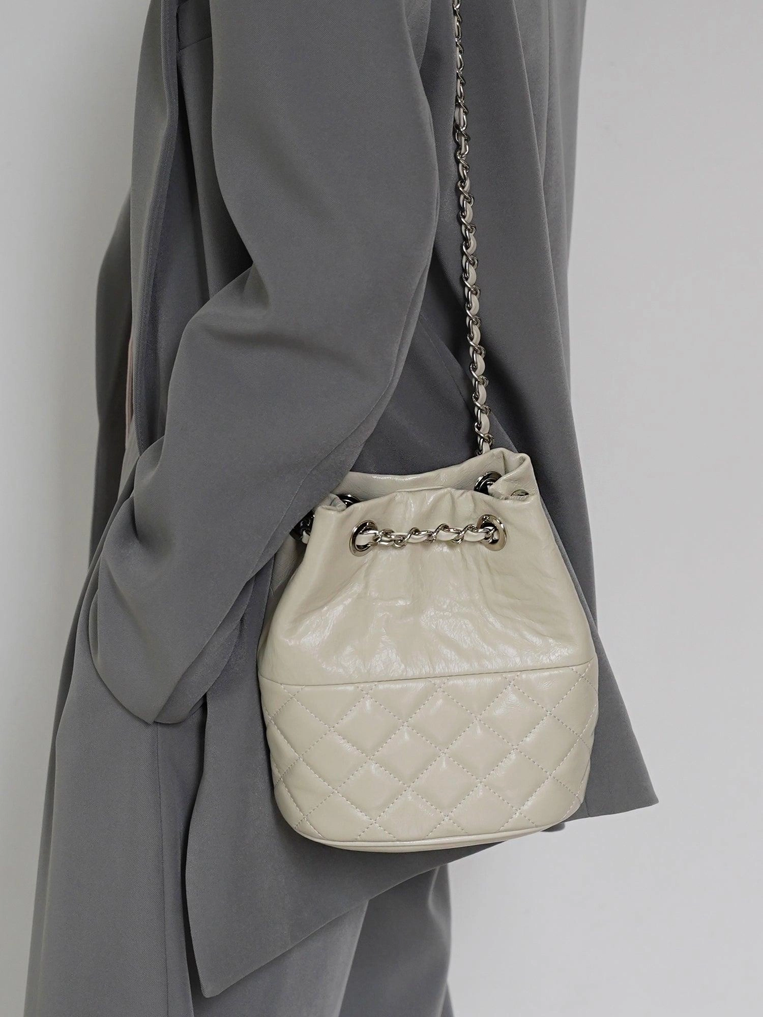 Elegant Calfskin Quilted Chain Bucket Bag Purse | Fashion Quilted Shoulder & Crossbody Purse Compact Urban Look