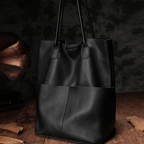 Vertical Black Leather Tote Bag Womens Brown Shopper Tote Handbag Purse Urban Classic