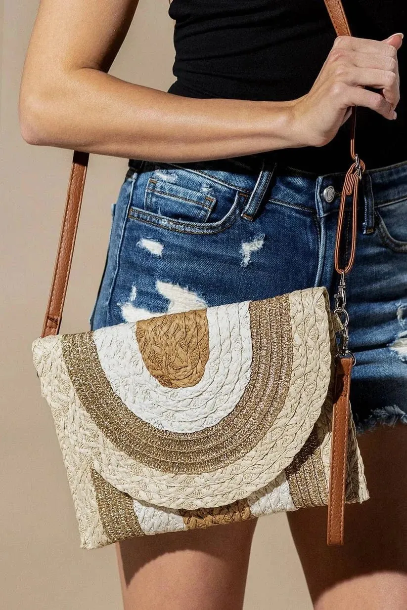 Sturdy strap that provides comfortable wear for extended periods MB0291 Metallic Lined Multi Color Straw Clutch/Crossbody Bag