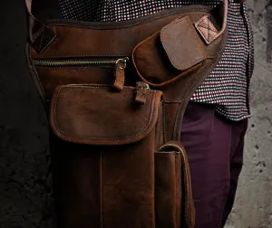 Cool Biker Mens Leather Drop Leg Bag Waist Bag Side Bag Belt Pouch Shoulder Bag for Men Adventure Lifestyle Smooth Edge