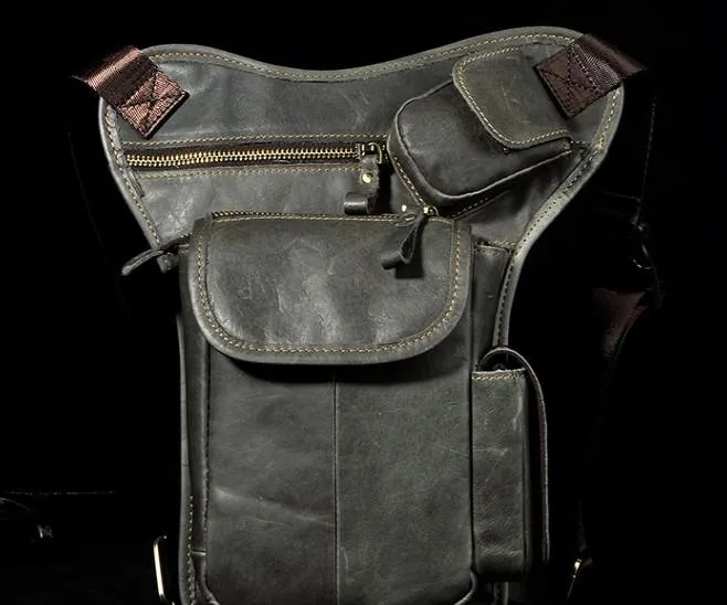 Cool Biker Mens Leather Drop Leg Bag Waist Bag Side Bag Belt Pouch Shoulder Bag for Men refined design Slim zippered pouch