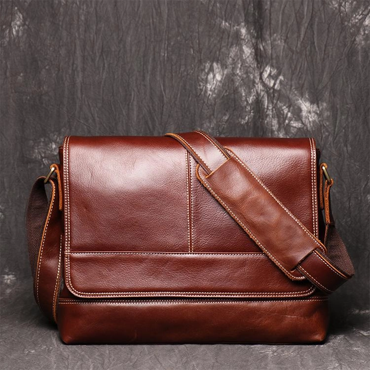 Cool Brown Leather Men's Side Bag Red Brown Messenger Bag Courier Bag For Men Functional Style
