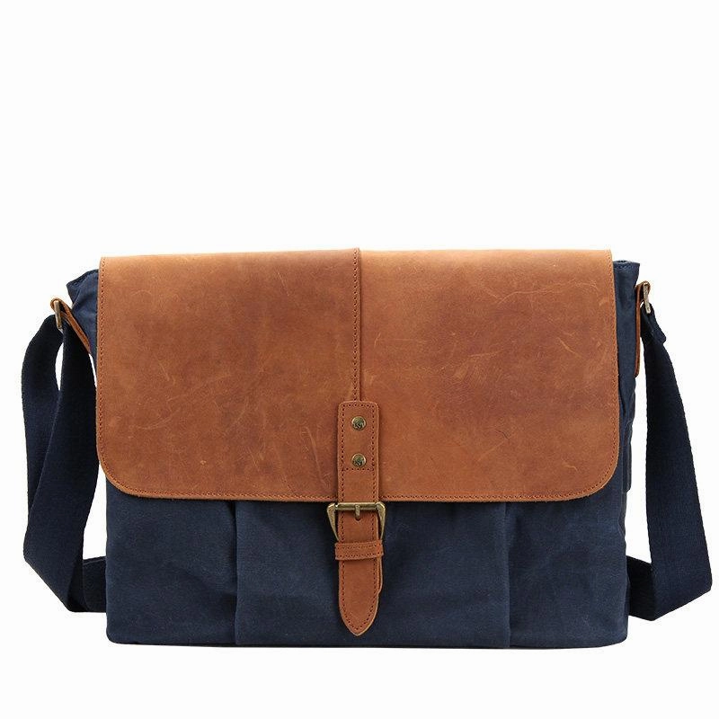 Work Essential Navy Blue Leather Waxed Canvas Mens Side Bag Messenger Bags Gray Casual Courier Bags for Men