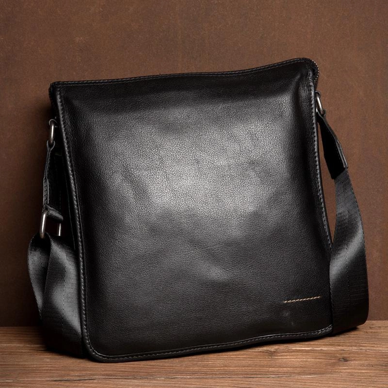 Weekend Escape Black Leather 10 inches Mens Small Vertical Messenger Bags Postman Bags Courier Bag for Men