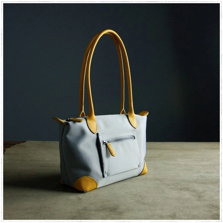Easy Carry Handle Womens Light Gray Nylon Shoulder Tote Small Light Gray&Yellow Nylon Handbag Purse for Ladies