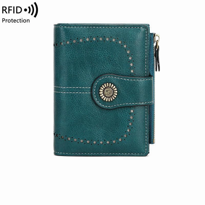 Coin Pocket RFID Women's Short Wallet, Oil Wax Leather Coin Purse, Card Holder