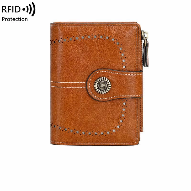 RFID Women's Short Wallet, Oil Wax Leather Coin Purse, Card Holder Stylish Choice