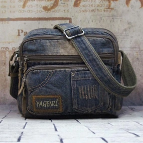 Compact Versatility Blue Denim Mens Fashion Small inches Messenger Bag Jean Blue Small Postman Bag Courier Bag For Men