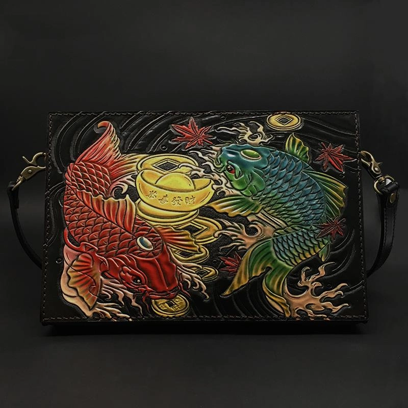 City Style Handmade Black Tooled Double Carp Leather Messenger Bags Side Bag Clutch Wristlet Bag For Men