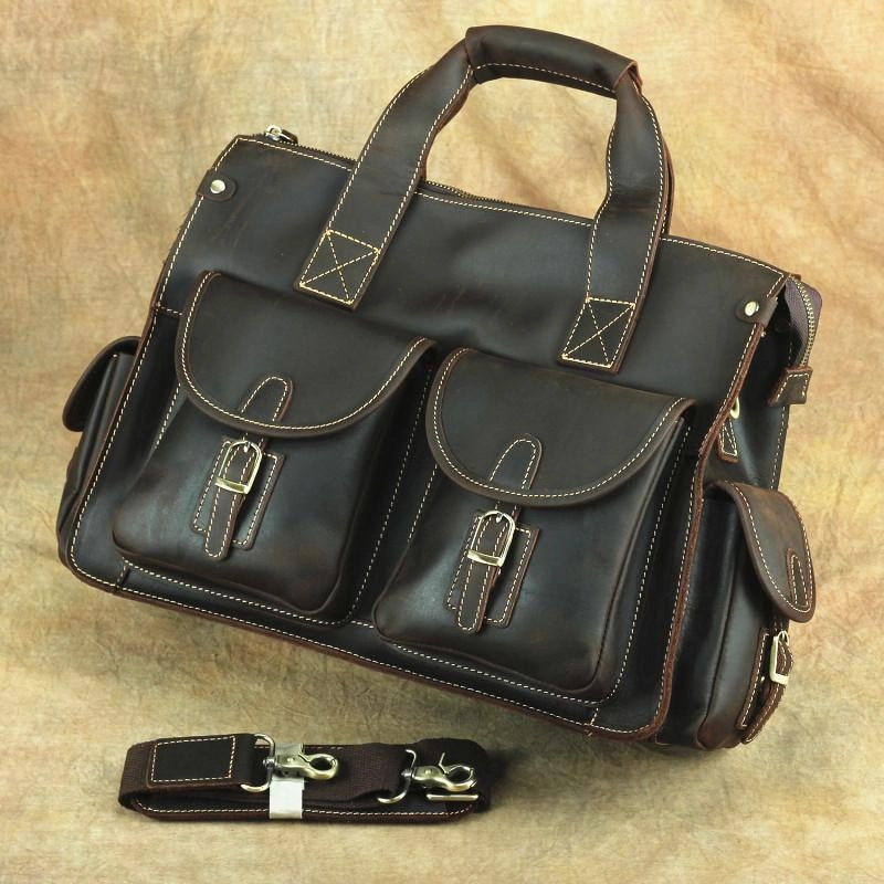Everyday Practicality Brown Leather Mens 14 inches Business Laptop Work Bag Handbag Briefcase Shoulder Bags Messenger Bags For Men