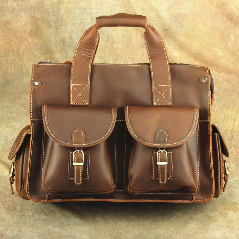 Brown Leather Mens 14 inches Business Laptop Work Bag Handbag Briefcase Shoulder Bags Messenger Bags For Men Travel Performance