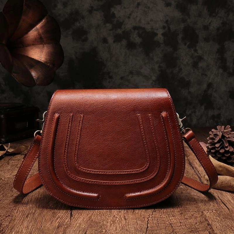 City Style Casual Streetwear Vintage Womens Brown Leather Saddle Handbag Vintage Style Shoulder Purses for Ladies