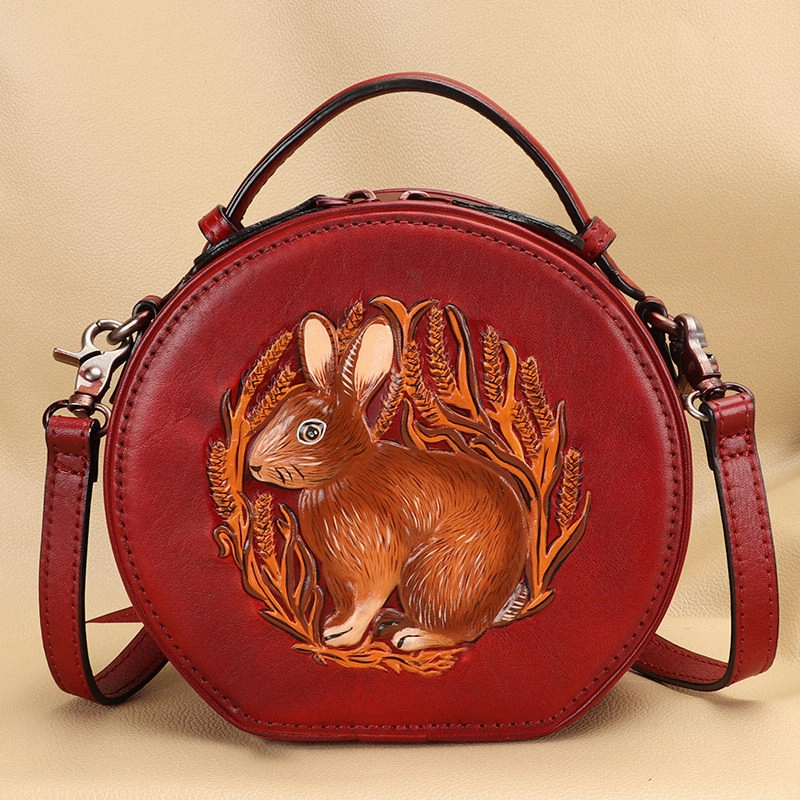 Modern Everyday Cutest Womens Red Leather Round Handbag Bunny Crossbody Purse Vintage Round Shoulder Bags for Women