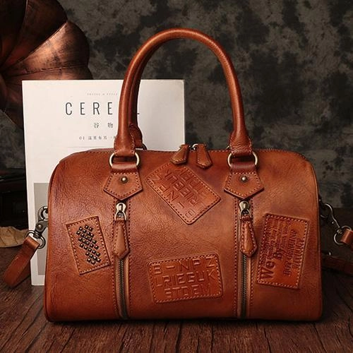Vintage Womens Brown Leather Boston Handbags Boston Shoulder Handbag Crossbody Bags Weekend Wear