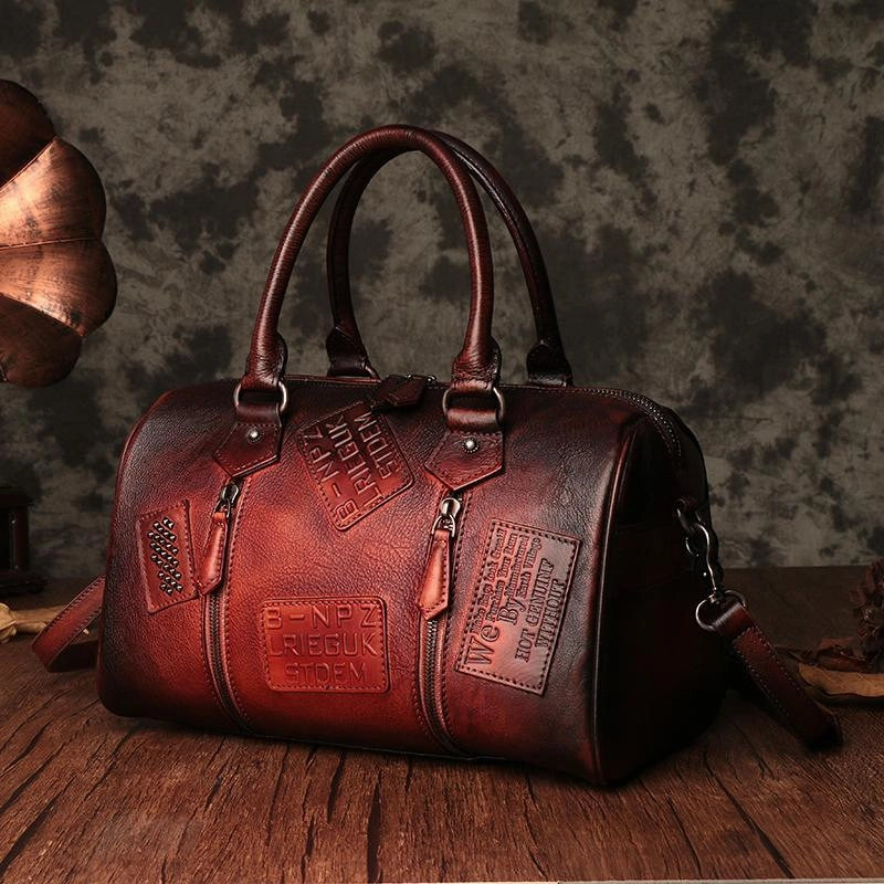 Vintage Womens Brown Leather Boston Handbags Boston Shoulder Handbag Crossbody Bags Work Essential Casual Utility