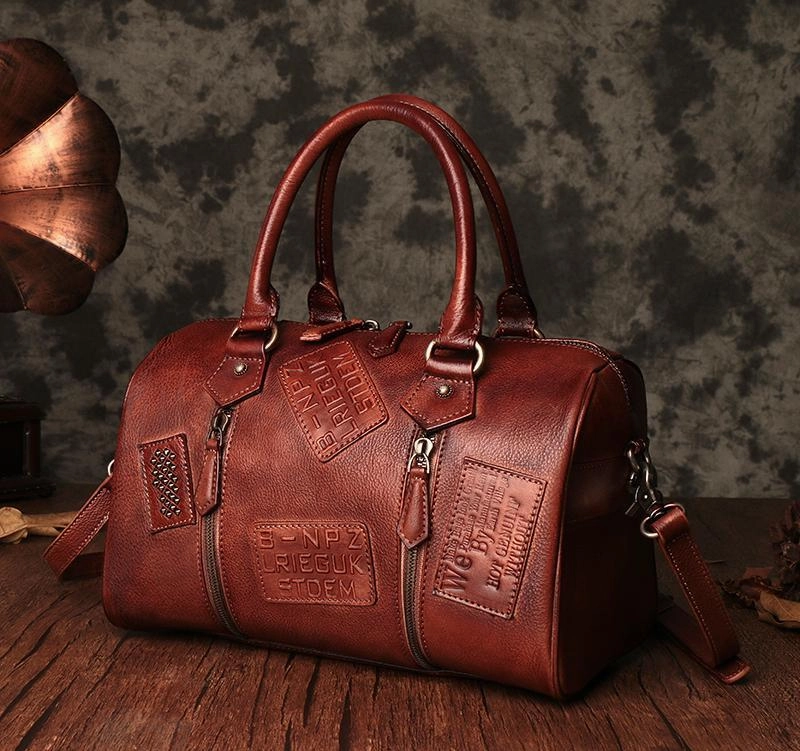 Vintage Womens Brown Leather Boston Handbags Boston Shoulder Handbag Crossbody Bags Smart Engineering Functional Construction
