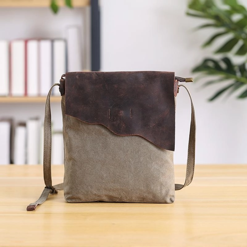 Street Fashion Durable Travel Leather Canvas Mens 12" Side Bag Vertical Courier Bag Gray Postman Bag Messenger Bag for Men