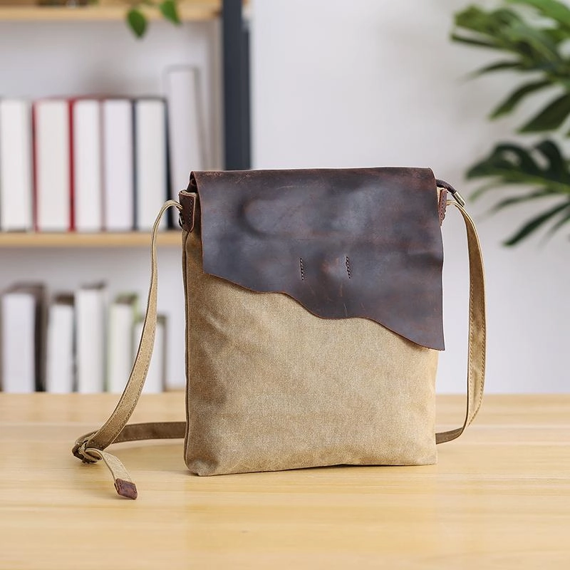 Leather Canvas Mens 12" Side Bag Vertical Courier Bag Gray Postman Bag Messenger Bag for Men Travel Organizer