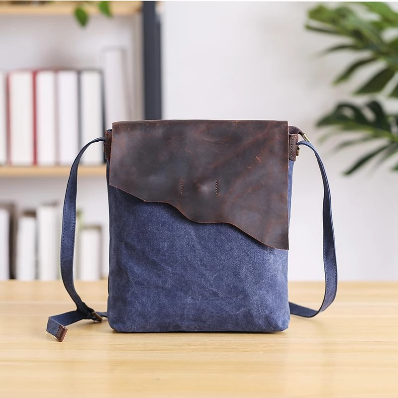 Functional Lifestyle Compact Durability Leather Canvas Mens 12" Side Bag Vertical Courier Bag Gray Postman Bag Messenger Bag for Men