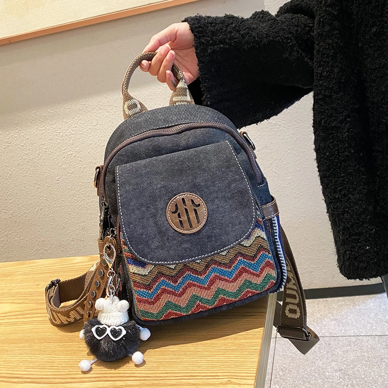 Sport Lifestyle Secure Storage Urban Compact Vintage Linen Backpack for Women Linen Backpack with Flowers