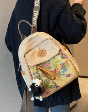 Casual Style Functional Design Gear Urban Compact Vintage Linen Backpack for Women Linen Backpack with Flowers