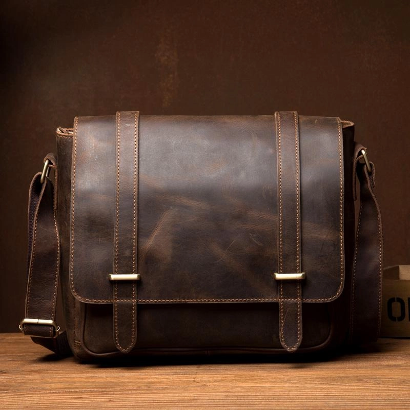 Functional Comfort Smart Travel Cool Dark Brown Leather 11 inches Mens Small Messenger Bags Side Bag Brown Courier Bag for Men