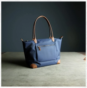 Stylish Texture Womens Navy Nylon Shoulder Tote Large Dark Blue&Brown Nylon Handbag Purse for Ladies