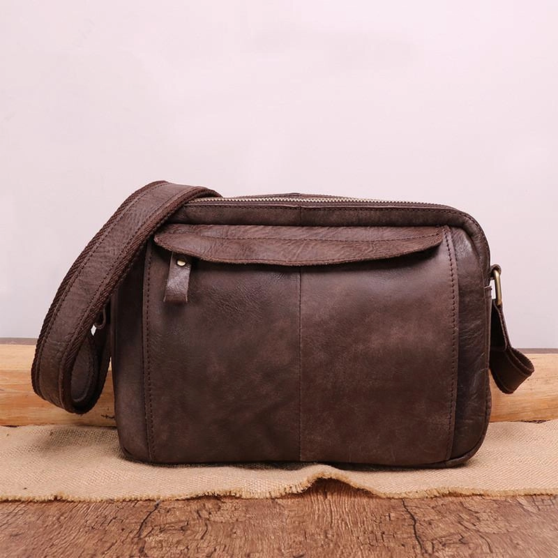 Badass Dark Brown Leather Men's 8 inches Small Courier Bag Brown Messenger Bag Postman Bag For Men Effortless Organizer