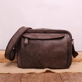 Badass Dark Brown Leather Men's 8 inches Small Courier Bag Brown Messenger Bag Postman Bag For Men Contemporary Look