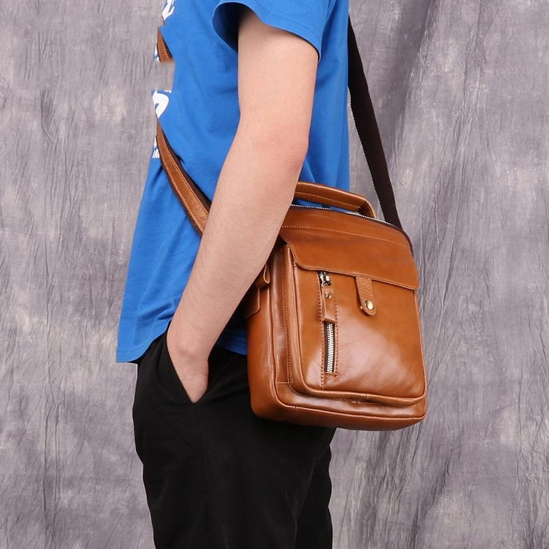 Lightweight Feel Fashion Brown Leather Men's Small Vertical Courier Bag Messenger Bag Side Bag For Men
