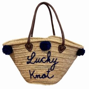 Lucky Knot Pom Pom Straw Bag - Navy Modern Craft Versatile Everyday