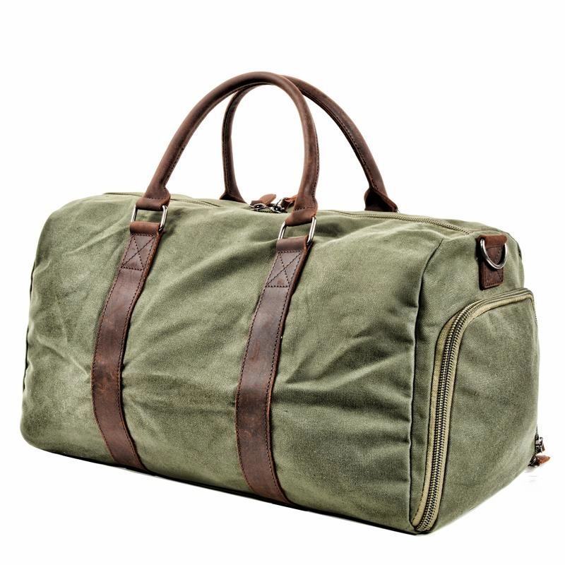 Waxed Canvas Leather Mens Large Fitness Bag Travel Green Weekender Bag Duffle Bag for Men Premium Quality Quick Entry