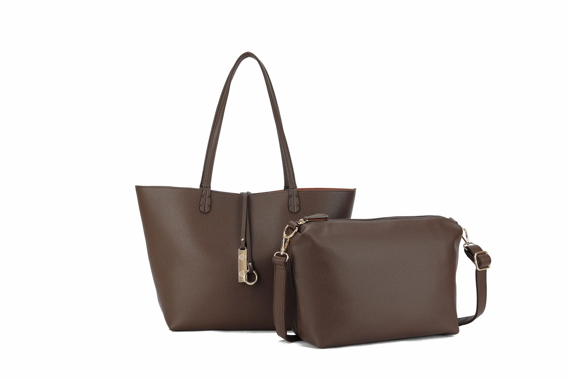 Shoulder Fit Classic Office Vegan Leather Reversible 2-in-1 Tote Bag - Coffee/Camel