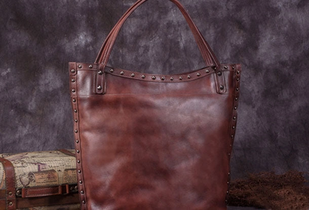 Magnetic Snap Genuine Leather Handbag Vintage Tote Bag Shoulder Bag Purse For Women