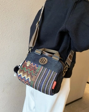 Women Canvas Embroidery Boho Crossbody Bag Handbag Black Gray Canvas Shoulder Bag Sleek travel pouch