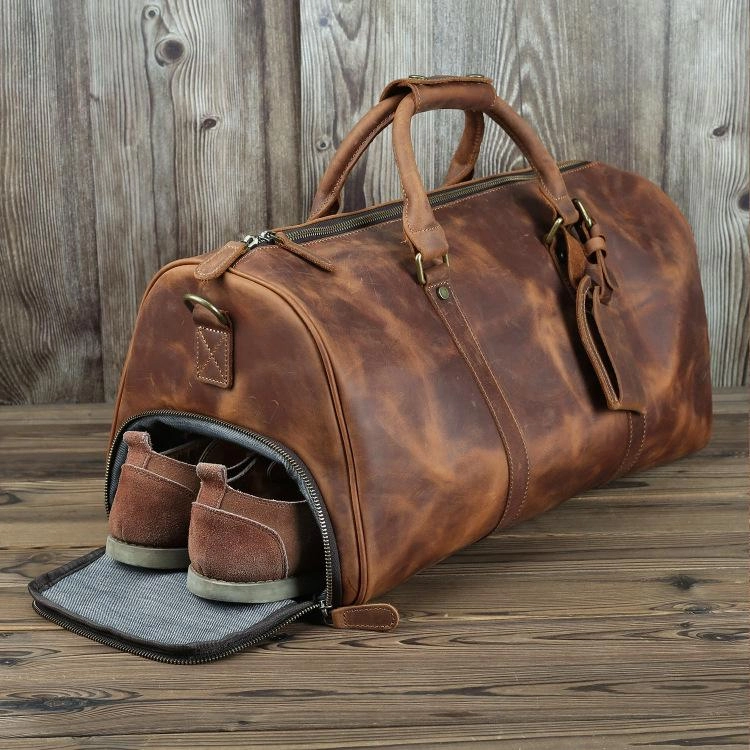 Weatherproof Storage Quick Fit Casual Brown Leather Men's 15 inches Overnight Bag Travel Bag Luggage Weekender Bag For Men