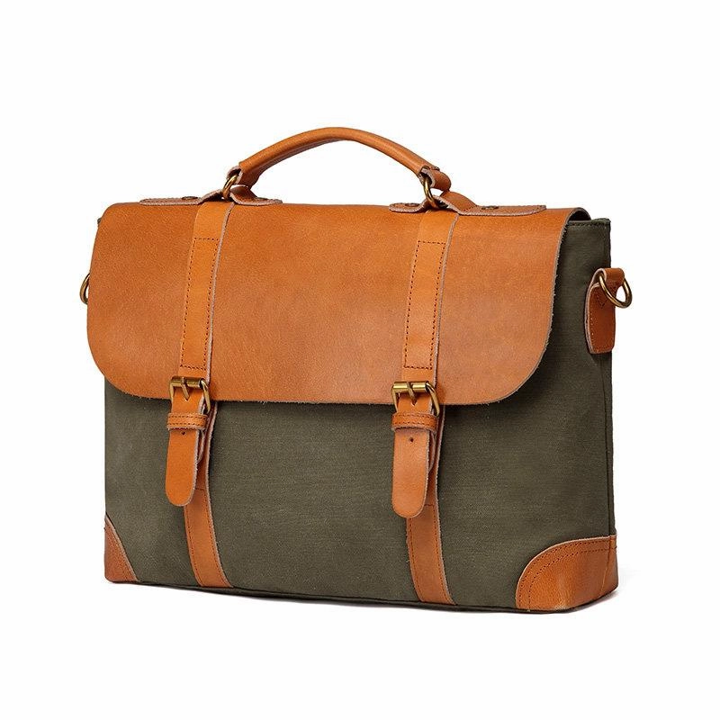Army Green Leather Canvas Mens Casual Briefcase Shoulder Bag Messenger Bags Casual Courier Bags for Men Casual Lifestyle Minimal Travel