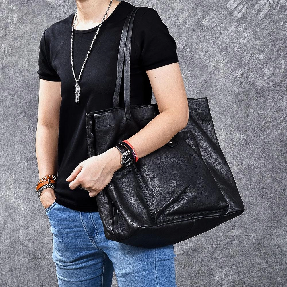 Leather Mens Womens 15" Large Shoulder Bag Black Tote Bag Large Side Bag Handbag For Men Neutral Tone