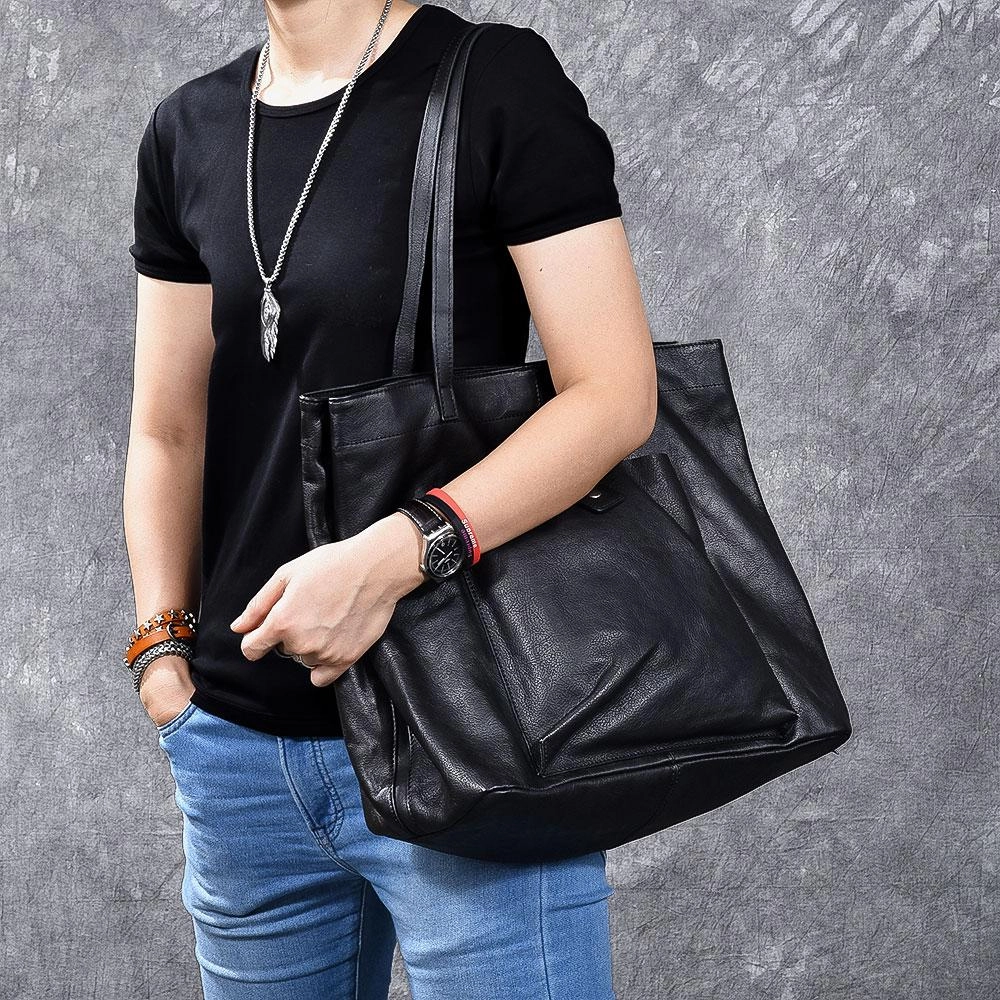 Leather Mens Womens 15" Large Shoulder Bag Black Tote Bag Large Side Bag Handbag For Men Compact Tote