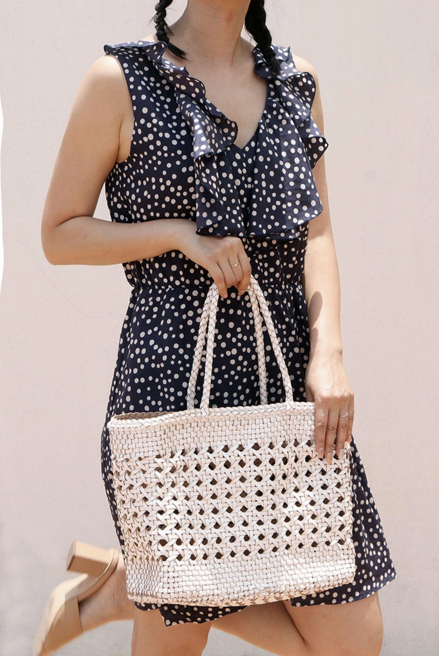 Genuine Leather Hand Woven Cuboid Shaped Ladies Tote Bag | Open Rattan Woven Triple Jump Bamboo Ladies Hobo Holiday Bag, Weekend Basket Bag Compact Size