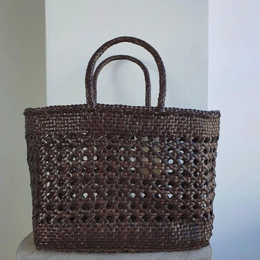 Genuine Leather Hand Woven Cuboid Shaped Ladies Tote Bag | Open Rattan Woven Triple Jump Bamboo Ladies Hobo Holiday Bag, Weekend Basket Bag Cruise Fit