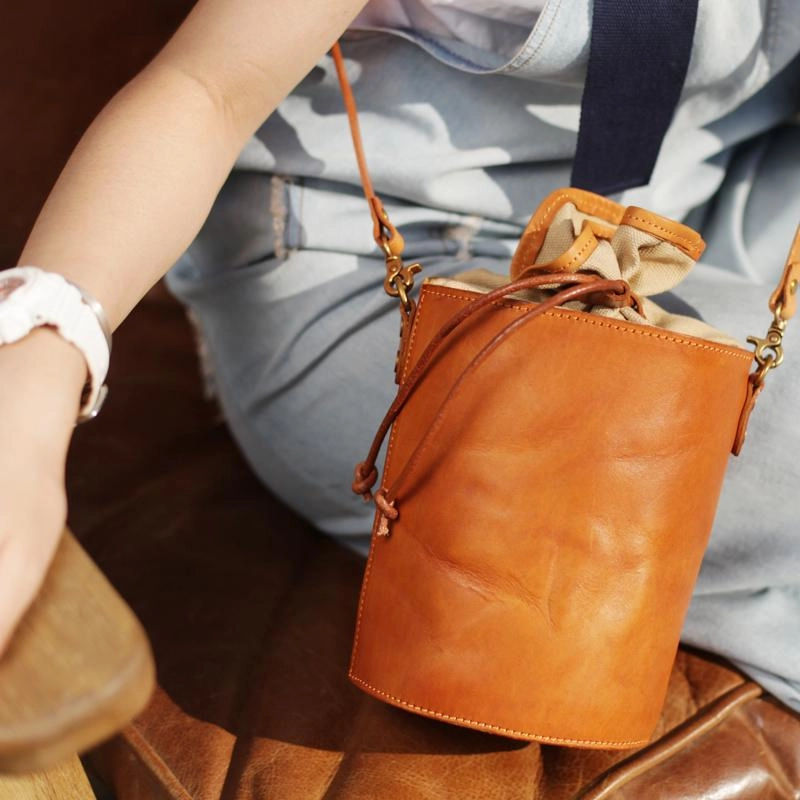 Cute Mini Womens Leather Blue Bucket Shoulder Bag Brown Drawstring Bucket Side Bag for Ladies Everyday Use Simple Utility