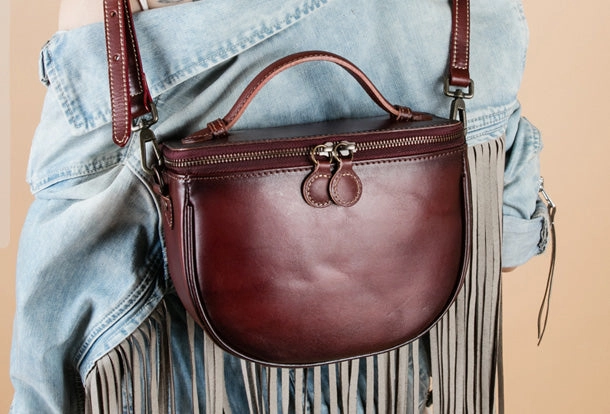 Luxury Leather Handmade Genuine Leather Round Handbag Bag Crossbody Bag Shoulder Bag Purse For Women