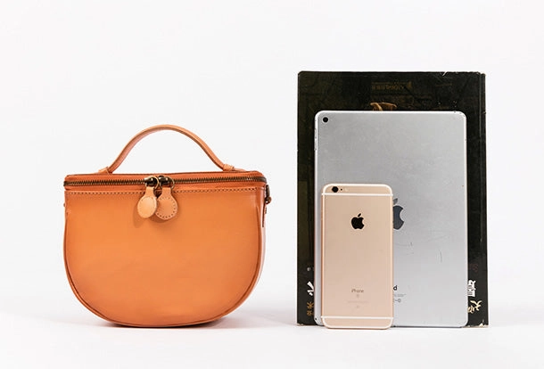 Handmade Genuine Leather Round Handbag Bag Crossbody Bag Shoulder Bag Purse For Women Glossy surface Smooth Finish