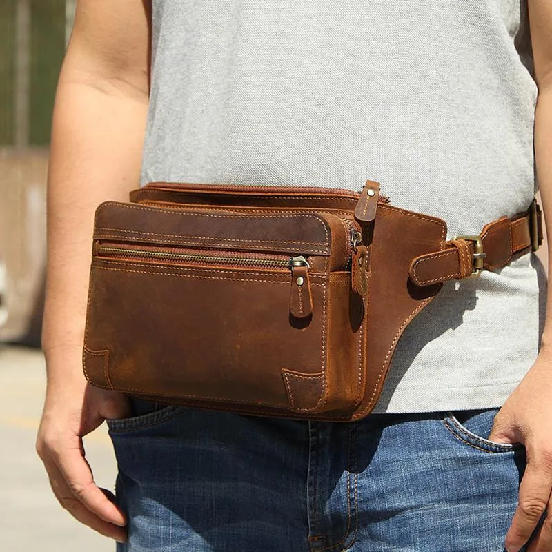 Refined Craft Vintage Brown Leather Men's Fanny Pack Coffee Chest Bag Waist Bag For Men