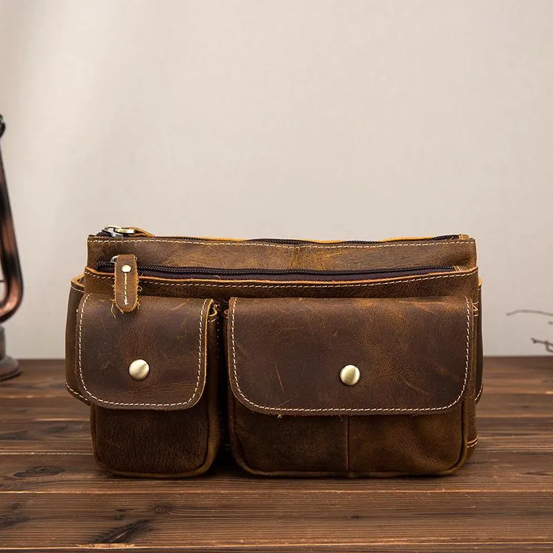 Compact money holder Luxury Geometry Vintage Brown Leather Men's Fanny Pack Hip Pack Brown Chest Bag Waist Bags For Men